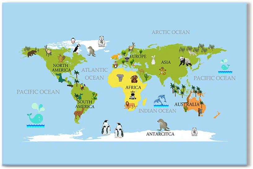 Obraz z kolorową mapą świata Dekoracja dla dzieci z mapą świata