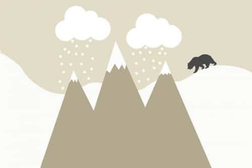 Tapeta z uroczym wzorem w postaci gór zimą i niedźwiadkiem