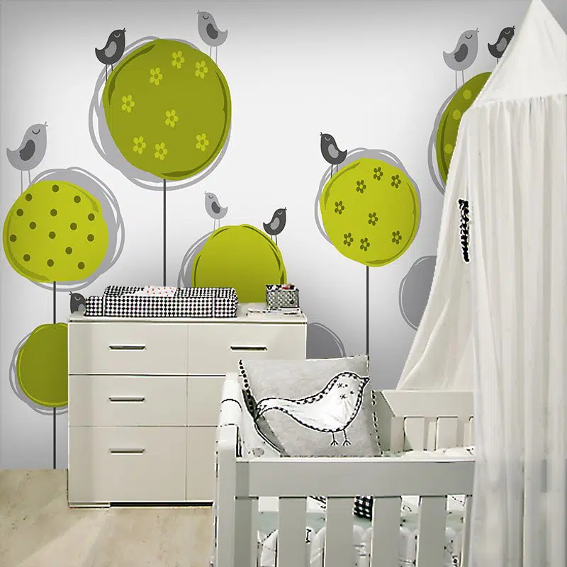 Foto-tapeta z zielonym drzewkiem Tapeta ptaszki na drzewie