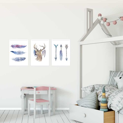 potrójny plakat do pokoju dziecka z motywem jelenia i piór