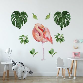 naklejka tropikalny flaming i liście palmy do pokoju dziecka