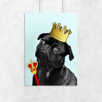 plakat zabawny pies w koronie z berłem