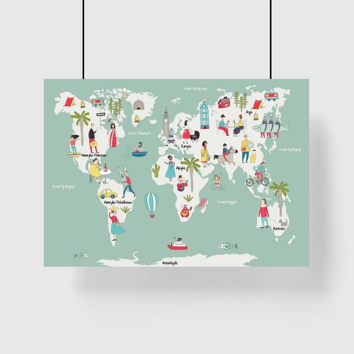 miętowy plakat z mapą świata