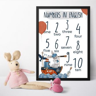 Cyfry na plakacie dla dzieci z króliczkiem na statku