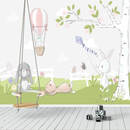 Biły królik z fioletowym latawcem - fototapeta do pokoju niemowlaka