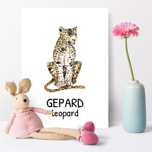 leopard - angielski napis na plakacie dla dzieci