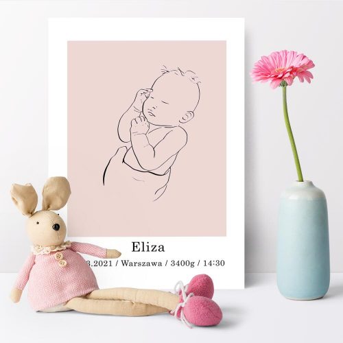 Różowy plakat - metryczka z bobaskiem dla niemowlaka