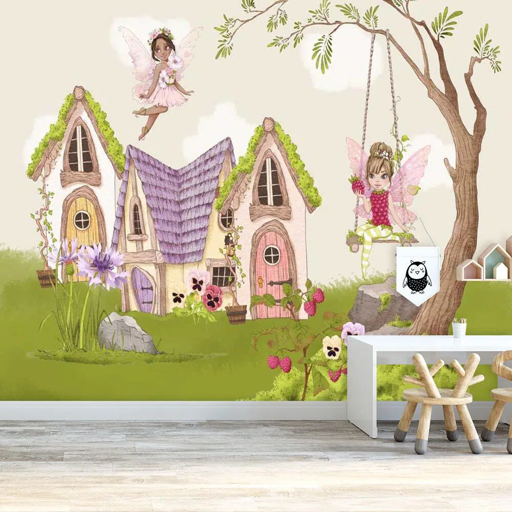 Tapeta z rusałkami przed domkami Tapeta z rusałkami przed domkami