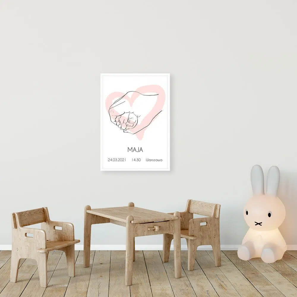 Plakat imienny dla dziewczynki z motywem stópek do dekoracji ściany