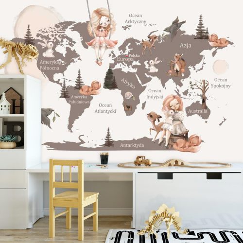 Brązowa tapeta ze zwierzątkami i mapą świata