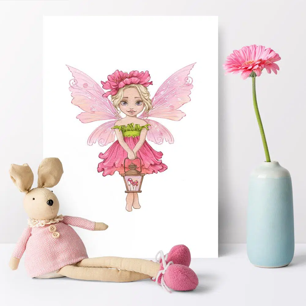 Różowy plakat z wróżką dla przedszkolaka