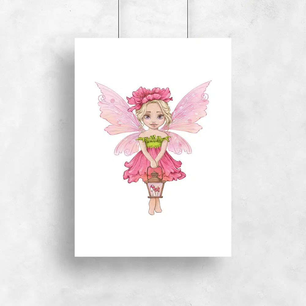 Różowy plakat z wróżką do dziecięcego pokoju