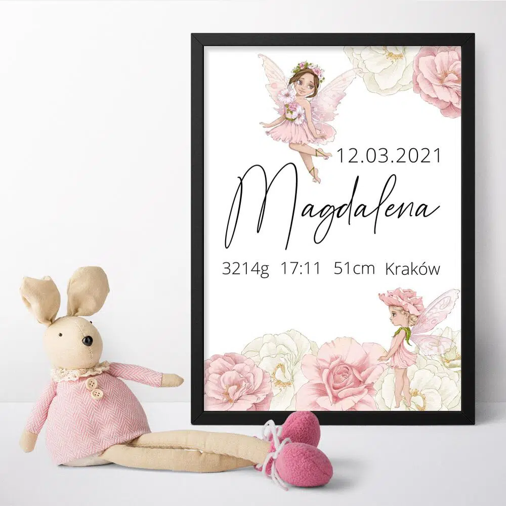 Plakat z elfami dla dziecka z danymi urodzenia