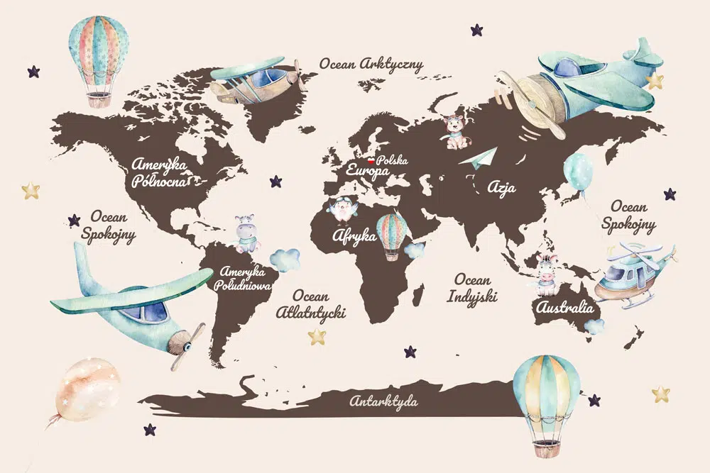 Fototapeta dla dzieci z mapą świata i balonami Fototapeta dla dzieci z mapą świata i balonami