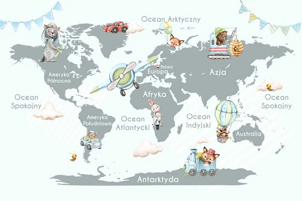 Szara fototapeta z mapą świata i zwierzątkami dla dzieci Szara fototapeta z mapą świata i zwierzątkami dla dzieci