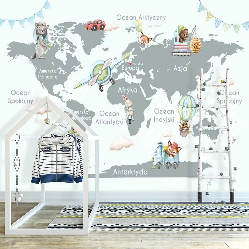 Zwierzątka i mapa - fototapeta dla dzieci Zwierzątka i mapa - fototapeta dla dzieci