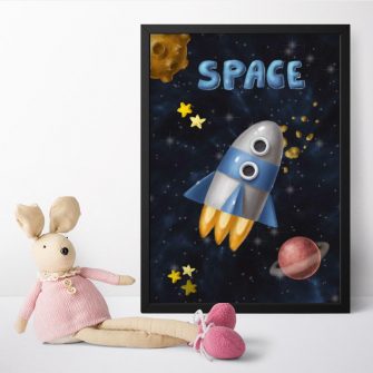 Plakat dla dzieci w rakietą w przestrzeni kosmicznej
