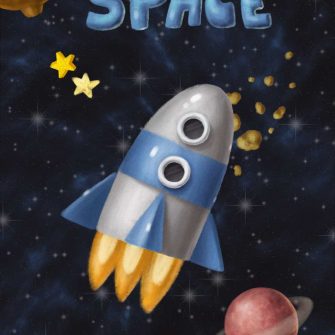 Plakat z rakietą kosmiczną w przestrzeni kosmicznej