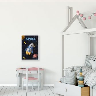Plakat ze statkiem kosmicznym i planetami