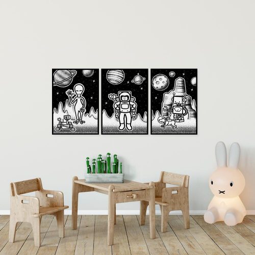 Tryptyk plakatowy z astronauta i kosmitami w kosmosie
