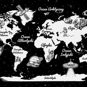 Czarno-biała tapeta z mapą świata i planetami