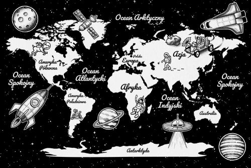 Czarno-biała tapeta z mapą świata i planetami