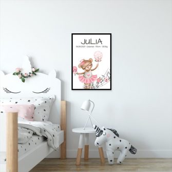 Plakat dla Julii z metryczką i misiem